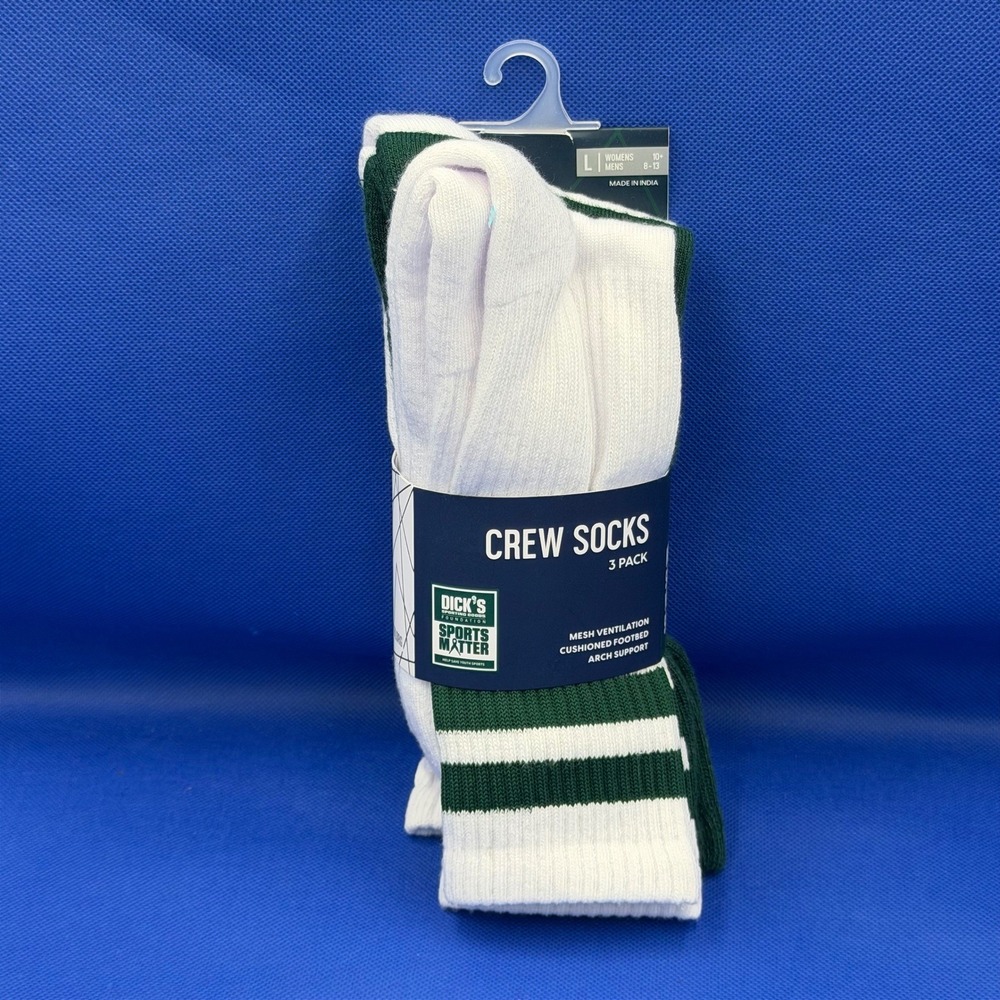 Dicks Crew Tube Socks NWT 3 Pack White Green Striped Mens 8-13 NEW Gym Retro Uni